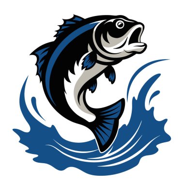 Kara levrek balığı inanılmaz bir çeviklik ve güç gösterisi ile nehir suyundan dışarı atlıyor. Yapay zeka üretildi. Vektör simgesi