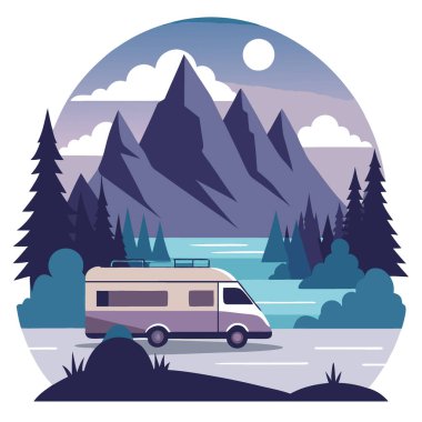Sakin bir göl kenarına park edilmiş sakin bir karavan. Huysuz bir atmosferde görkemli dağlarla çevrili. Yapay zeka üretildi. Vektör simgesi