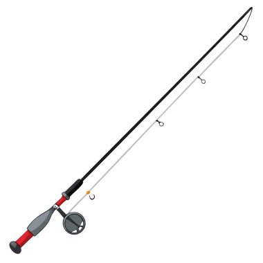 Balıkçı oltası dönen bir makarayla boş beyaz bir yüzeye bağlıdır. Kullanılmayı bekliyor. Yapay zeka üretildi. Vektör simgesi