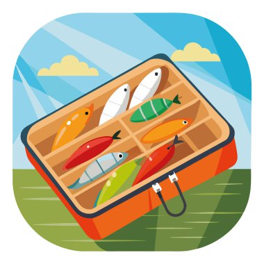 Açık havada ahşap bir yüzey üzerinde dinlenen renkli balık yemleriyle dolu eski bir alet çantası. Yapay zeka üretildi. Vektör simgesi