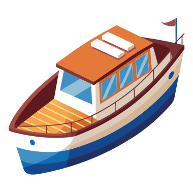 Yapay zeka tarafından üretilen, ahşap güverteli ve birden fazla pencereli eğlence amaçlı bir motorlu botun stilize edilmiş bir tasviri. Vektör simgesi