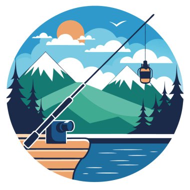 Tekne manzaralı göl manzaralı açık hava hobisi için etkili bir olta tutucu. Yapay zeka üretildi. Vektör simgesi