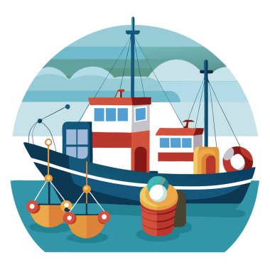 Limanda bağlı balıkçı tekneleri. Ağ ve şamandıralar okyanustaki günlük işler için hazırdı yapay zeka üretildi. Vektör simgesi