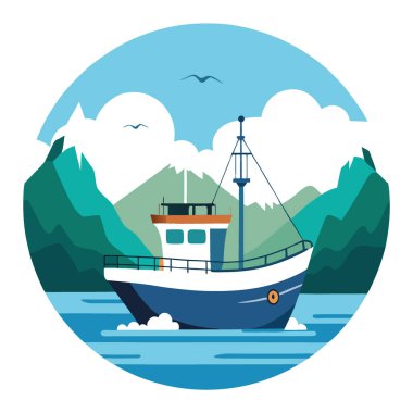 Denizdeki uzun hatlı balıkçı teknesi. Sahne Sahili Ortamı 'nda Sakin Sularda Dolaşmak. Yapay zeka üretildi. Vektör simgesi