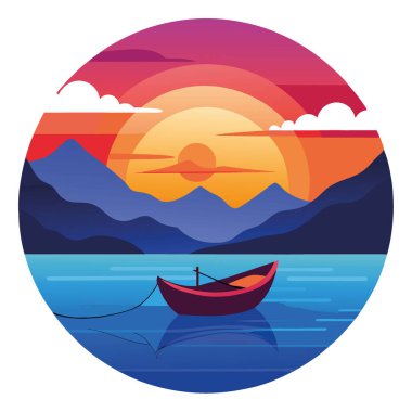 Gün batımında Serene Waters 'da Boat Net Balıkçılığın Sakin Sahnesi Gökyüzünde Canlı Renkler ile. Yapay zeka üretildi. Vektör simgesi