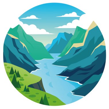 Norveç 'in Görkemli fiyortlarının ve Bulutlu Benekli Gök Altındaki Serene Göllerinin Sersemletici Hava Görüntüleri. Yapay zeka üretildi. Vektör simgesi