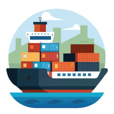 Kargo gemisi - açık denizlerdeki gemi - açık denizlerde konteynırları olan gemi - ithalat - ihracat. Yapay zeka üretildi. Vektör simgesi