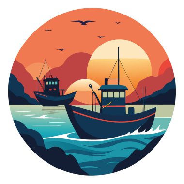 Balıkçı tekneleri gün batımında okyanusa açılır. Yapay zekanın ürettiği sakin ve maceracı bir atmosfer yaratmak. Vektör simgesi
