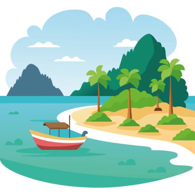 Seyahat teknesi ve turkuaz suları olan sessiz bir Tayland adası kıyısı. Görünürde turist yok. Yapay zeka üretildi. Vektör simgesi