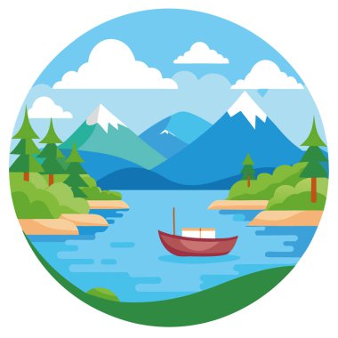 Sakin bir gölün sakin kıyıları ve doğanın göbeğinde berrak bir gökyüzü altında demirli tekneler. Yapay zeka üretildi. Vektör simgesi