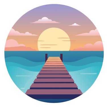 Asgari simetri fikri. Gün doğumunda huzurlu pastel sulara uzanan sakin bir ahşap iskele yapay zeka üretti. Vektör simgesi