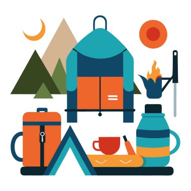 Kamp aletleri ve çadırlar. Çaydanlık. ve sırt çantası. Açık hava maceraları için mükemmel. Yapay zeka üretildi. Vektör simgesi