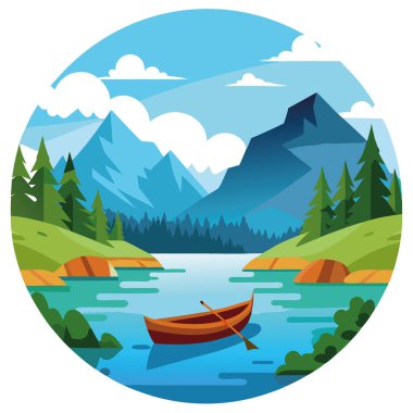 Botes de remo en un lago de agua cristalina rodado de un hermoso paisaje de arboles y montanas. Yapay zeka üretildi. Vektör simgesi