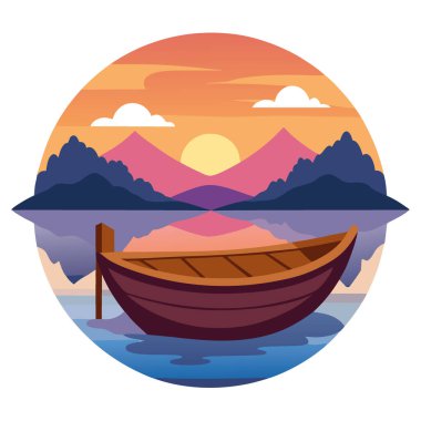 Sakin göllerde balıkçı teknesi. Eski ahşap balıkçı teknesi. Gün batımında durgun göl suyunda tahta tekne. Yapay zeka üretildi. Vektör simgesi