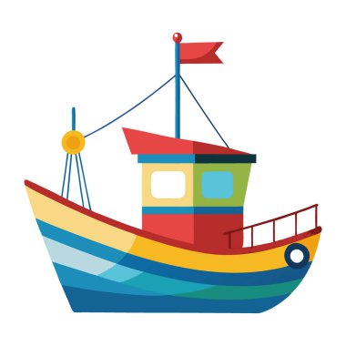 Deniz teması için renkli balıkçı teknesi klip sanatı. Deniz Tasarımları. Okyanusla ilgili projeler. Yapay zeka üretildi. Vektör simgesi