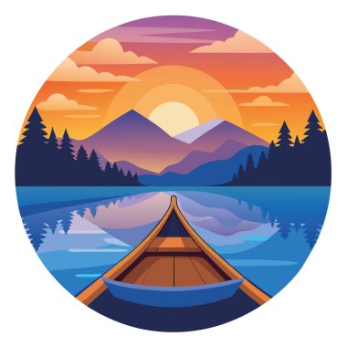 Sakin bir günbatımında, sakin bir su yüzeyindeki yansımalarla ahşap bir kanonun görüntüsü. Yapay zeka üretildi. Vektör simgesi