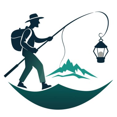 Balıkçılık yapan bir balıkçının siluetinin grafiği şu fikri mi akla getiriyor? Seyahat ve macera yapay zekanın ürünüdür. Vektör simgesi