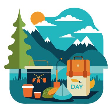 Babalar Günü 'nü balıkçı kıyafetiyle kutluyoruz. Alet çantası. ve Doğa 'da Manzaralı Göl Manzarası. Yapay zeka üretildi. Vektör simgesi