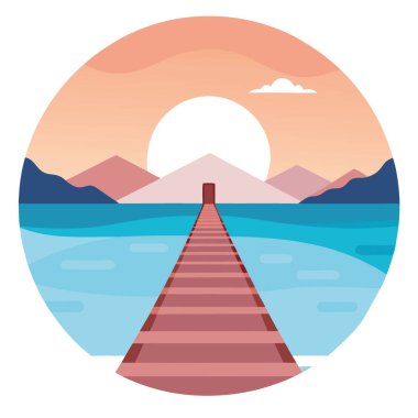 Asgari simetri fikri. Yapay zekanın ürettiği pastel bir gökyüzünün altındaki sakin sulara uzanan sakin ahşap bir patika. Vektör simgesi