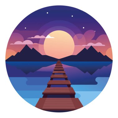 Asgari simetri fikri. Yapay zekanın yarattığı renkli gökyüzünün altında durgun sulara uzanan sakin ahşap rıhtım. Vektör simgesi