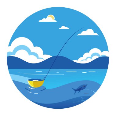 Yumuşak Dalgalı Serene Tuzlu Su Balıkçılık Sahnesi ve Duvar Kağıdı Kullanımı İçin Mükemmel Mavi Gökyüzü. Yapay zeka üretildi. Vektör simgesi
