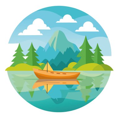 Berrak Yeşil Ağaçlar ve Suyun Yansımaları ile çevrili Serene Gölü üzerindeki Huzurlu Balıkçı Kayığı. Yapay zeka üretildi. Vektör simgesi