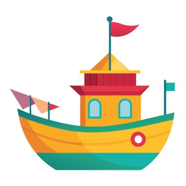 Kulübesi ve bayrağı olan renkli resimli bir tekne. Yapay zekanın yarattığı eğlence ya da ulaşım amaçlı dizayn edilmiş. Vektör simgesi