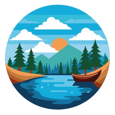 Sınır suları kano gezisi. Güzel nehir bulutu yansıması. Yapay zekanın ürettiği firavun ağaçları el değmemiş yaban hayatı. Vektör simgesi