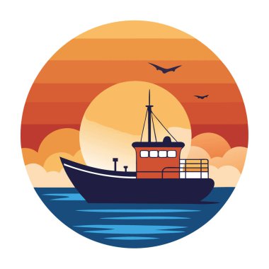 Bir balıkçı teknesi gün batımında parıldayan denizi geçer. Huzurlu bir deniz atmosferi yaratmak yapay zeka oluşturur. Vektör simgesi