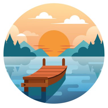 Gün doğumunda sakin bir gölün rıhtımına küçük tahta bir tekne yanaştı. Sudan yükselen sisle yapay zeka üretildi. Vektör simgesi