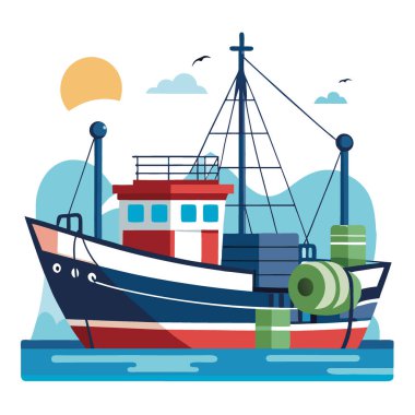 Limana bir balıkçı teknesi yanaştı. Yapay zekanın ürettiği ticari bir balık avından kalma ağlar. Vektör simgesi