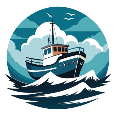 Öfkeli bir okyanustaki fırtınada dalgalar arasında küçük bir balıkçı teknesinin dramatik fotoğrafı. Yapay zeka üretildi. Vektör simgesi