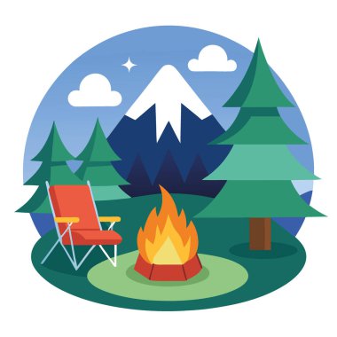 Sıcak bir ateşin etrafında kamp sandalyeleri olan samimi bir kamp merkezi. Doğayla iç içe. Samimi bir ortam. - Evet. Yapay zeka üretildi. Vektör simgesi