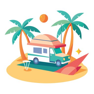 Plajda sörf tahtaları ve palmiye ağaçlarının arasına bağlı bir hamak olan modern bir kamp arabası. 3 boyutlu görüntüleme. Yapay zeka üretildi. Vektör simgesi