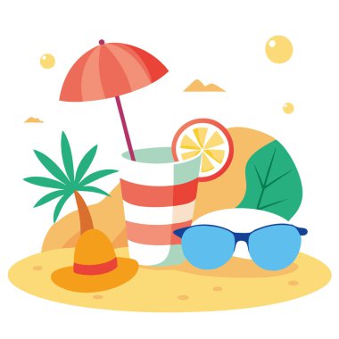 Parlak şapkalı kumsal. Mermiler. Güneş gözlüğü. Ve ferahlatıcı bir kompozisyonda tropikal bir içecek. Yapay zeka üretildi. Vektör simgesi