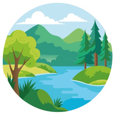 Güneşli bir günde, yemyeşil ağaçlarla çevrili, gölün berrak sularının rahatlatıcı manzarası. Yapay zeka üretildi. Vektör simgesi