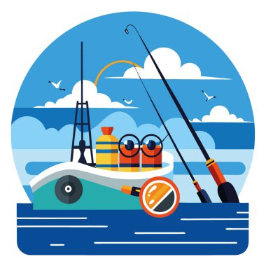 Olta ve makaralar bir tekneye yerleştirilmiş. Mavi gökyüzünün altında açık denizde balık tutmaya hazır. - Evet. Yapay zeka üretildi. Vektör simgesi