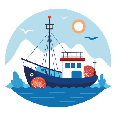 Deniz taraklı balıkçı teknesinin manzarası. Ağ ve ekipmanlar verimli bir av için hazır. Yapay zeka üretildi. Vektör simgesi