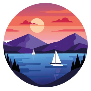 Flathead Gölü 'nde sakin bir akşam. Renkli bir gökyüzünün altında sakin sularda süzülen yelkenliler. Yapay zeka üretildi. Vektör simgesi