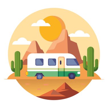 Kaktüs ve kayalarla çevrili bir çöl arazisinde kamp arabası. Altın güneş ışığıyla hazırlanmış 3 boyutlu bir resim. Yapay zeka üretildi. Vektör simgesi
