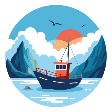 Deniz kıyısındaki sularda balıkçı teknesi manzara fotoğrafı doğal çevre manzaralı macera. Yapay zeka üretildi. Vektör simgesi