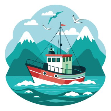 Balıkçı teknesi, yoğun bir balıkçılık bölgesinde turkuaz sularda yüzen taze balık avlıyor. Yapay zeka üretildi. Vektör simgesi