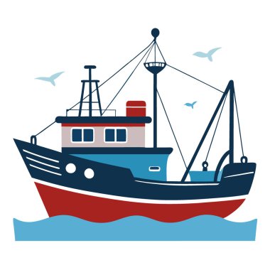Uzun hatlı balıkçı teknesi sakin sularda yüzüyor. Denizcilik Faaliyetlerinin Özünü Yakalıyorum. Yapay zeka üretildi. Vektör simgesi