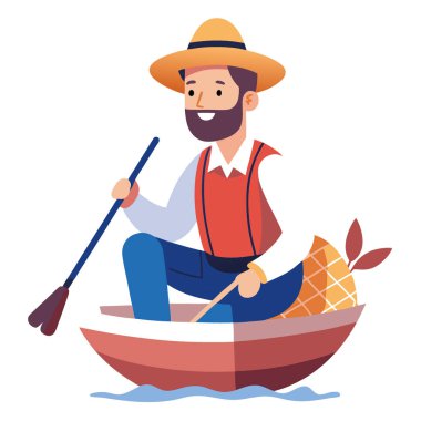 Şapkalı ve yelekli bir adam balıkçı ağıyla bir teknede oturuyor. Gülümsüyor ve eğleniyor. Yapay zeka üretildi. Vektör simgesi