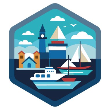 Modern izole tabelalar yelkenli gösteriyor. Yatlar. Buharlı gemi. Ve su limanındaki balıkçı teknelerini yapay zeka üretti. Vektör simgesi