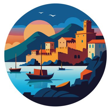 Korsika 'daki tarihi Kale ve renkli balıkçı tekneleriyle Calvi Körfezi' nin göz kamaştırıcı akşam manzarası. Yapay zeka üretildi. Vektör simgesi