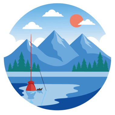 Huzurlu İşçi Bayramı Balıkçılık Manzarası. Dağ, Su ve Balıkçılık Çubuğu 'nu yansıtıyor. Yapay zeka üretildi. Vektör simgesi