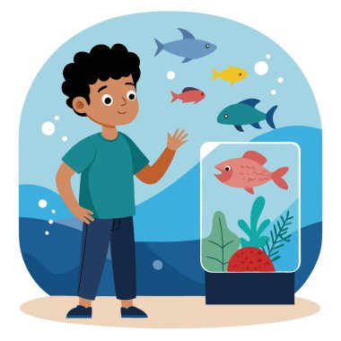 Bir çocuk huşu içinde duruyor. Akvaryumdaki su altı yaban hayatını araştırıyorum. Merak ve merakla beslenen yapay zeka üretildi. Vektör simgesi