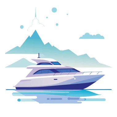 Parlak beyaz bir yat sakin sularda zarafetle süzülüyor. Huzurla çevrili. Sisli atmosfer yapay zeka oluşturdu. Vektör simgesi