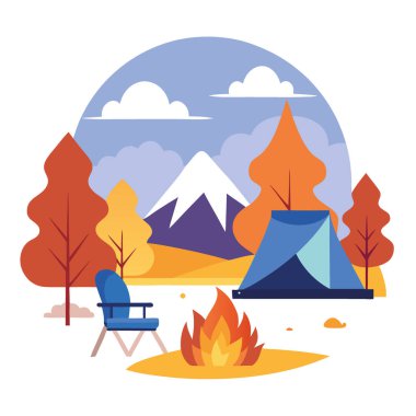 Kamp çadırı. Sonbahar günü fotokopi alanında, göl kenarındaki ormanda kamp koltuğu ve ateş. Çizim. Yapay zeka üretildi. Vektör simgesi